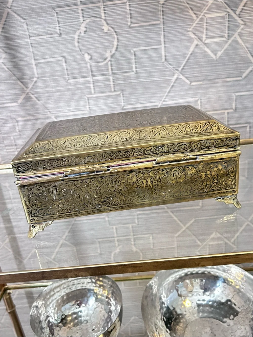 Vintage Etched Brass Jewelry Box Red Velvet Lined Trinket Box